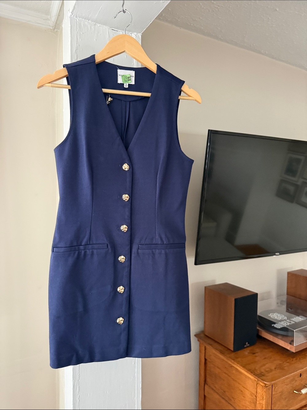 Willow & Wind Navy Longline Vest Size S Gold Button Blazer Dress